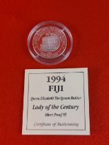 Silver proof 1994 Fiji 5 dollar coin.