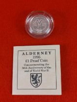 Silver proof 1995 Alderney £1 coin.