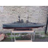 Very rare and impressive HMS Royal Oak Bassett & Lowke steam powered model battleship, measuring