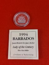 Silver proof 1994 Barbados 1 dollar coin.