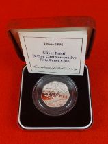 Silver proof 1994 D Day 50 pence coin.