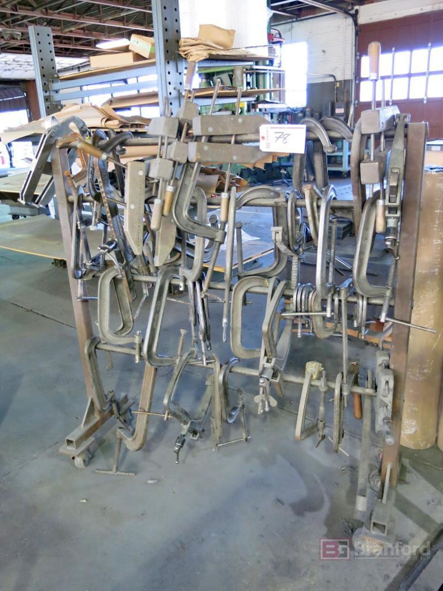 Large lot of C-clamps, wood clamps on custom rack - Image 2 of 2