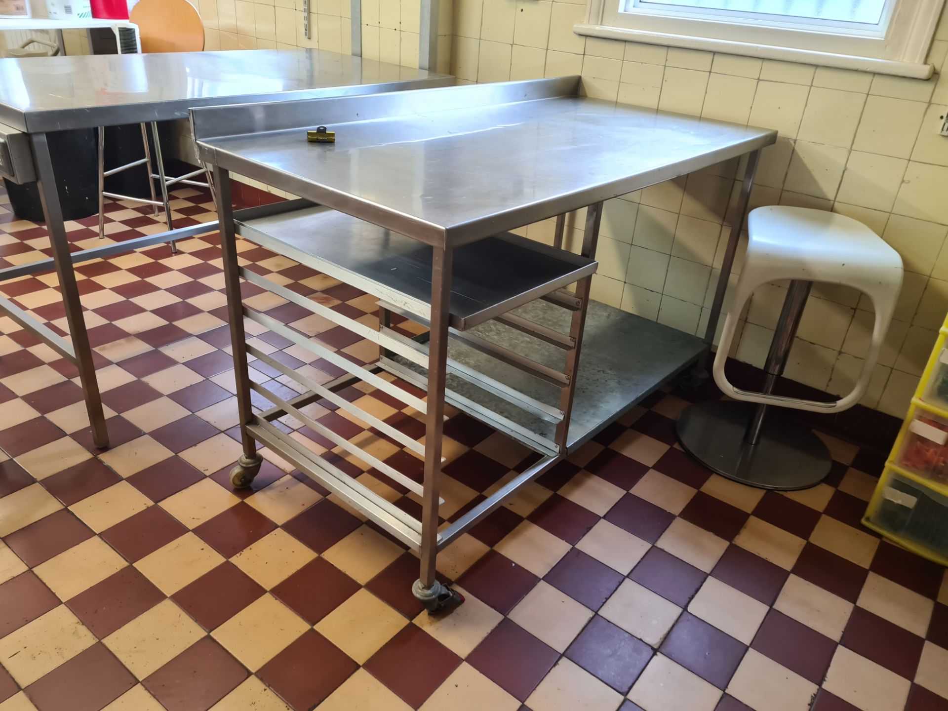 Stainless Steel Preperation Table with Upstand, Shelf and Tray Storage (on castors)