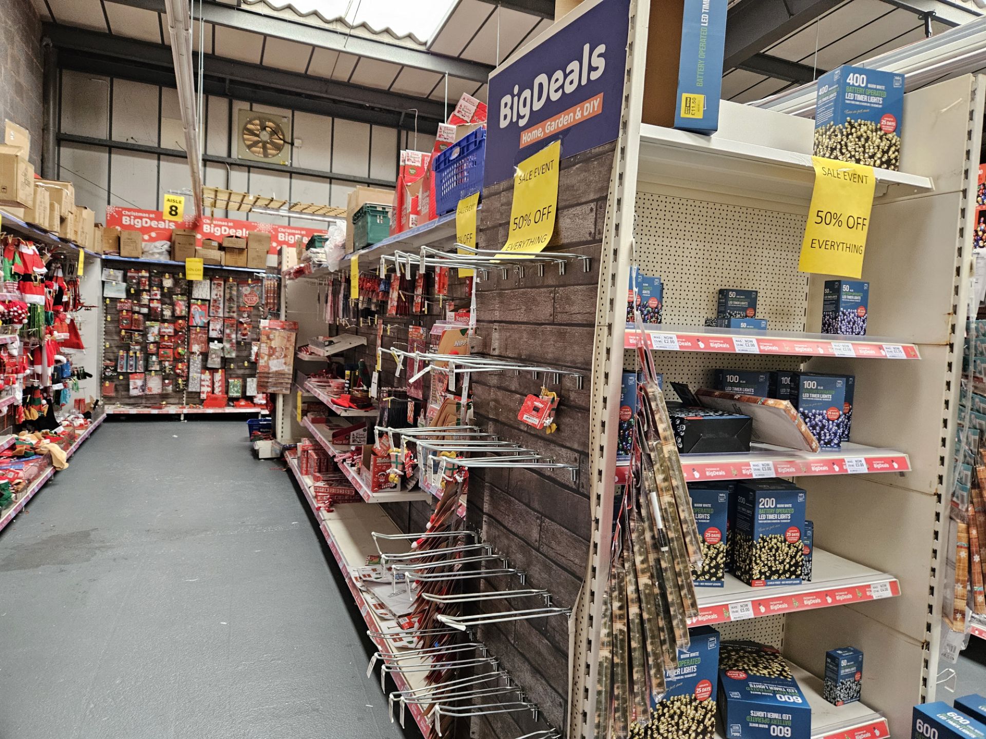 Free standing aisle of double sided display shelving. CONTENTS NOT INCLUDED.