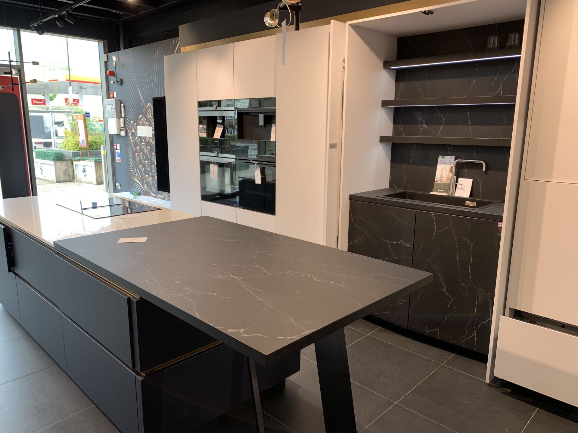 Complete Fitted Kitchen in white & blue with immitation marble finish counter tops - Image 2 of 4