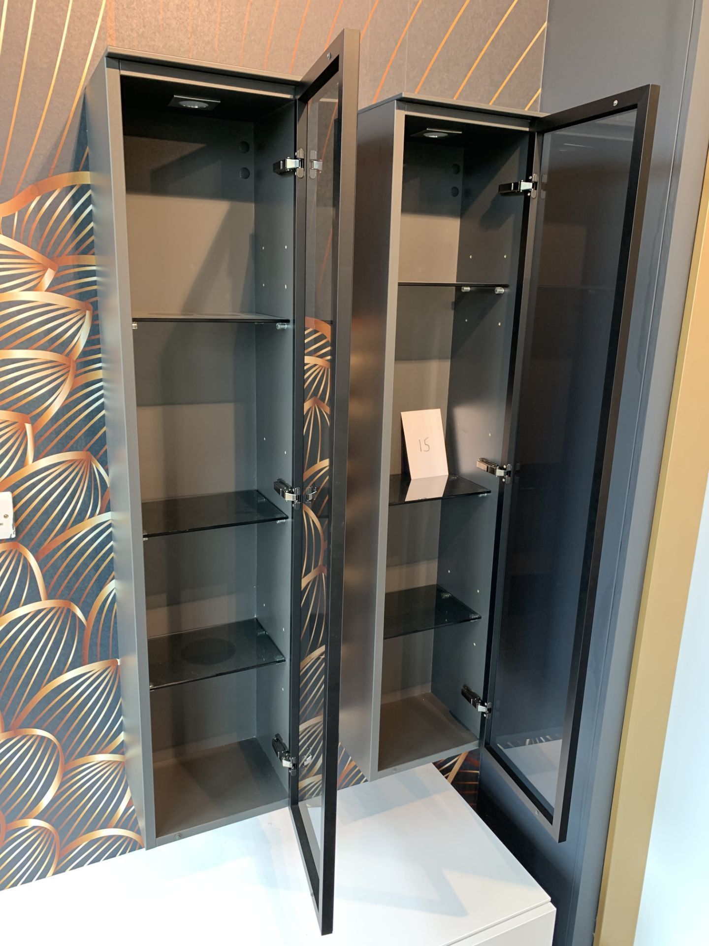 2 x Wall mounted display cabinets in dark grey with smoked glass - Image 2 of 2