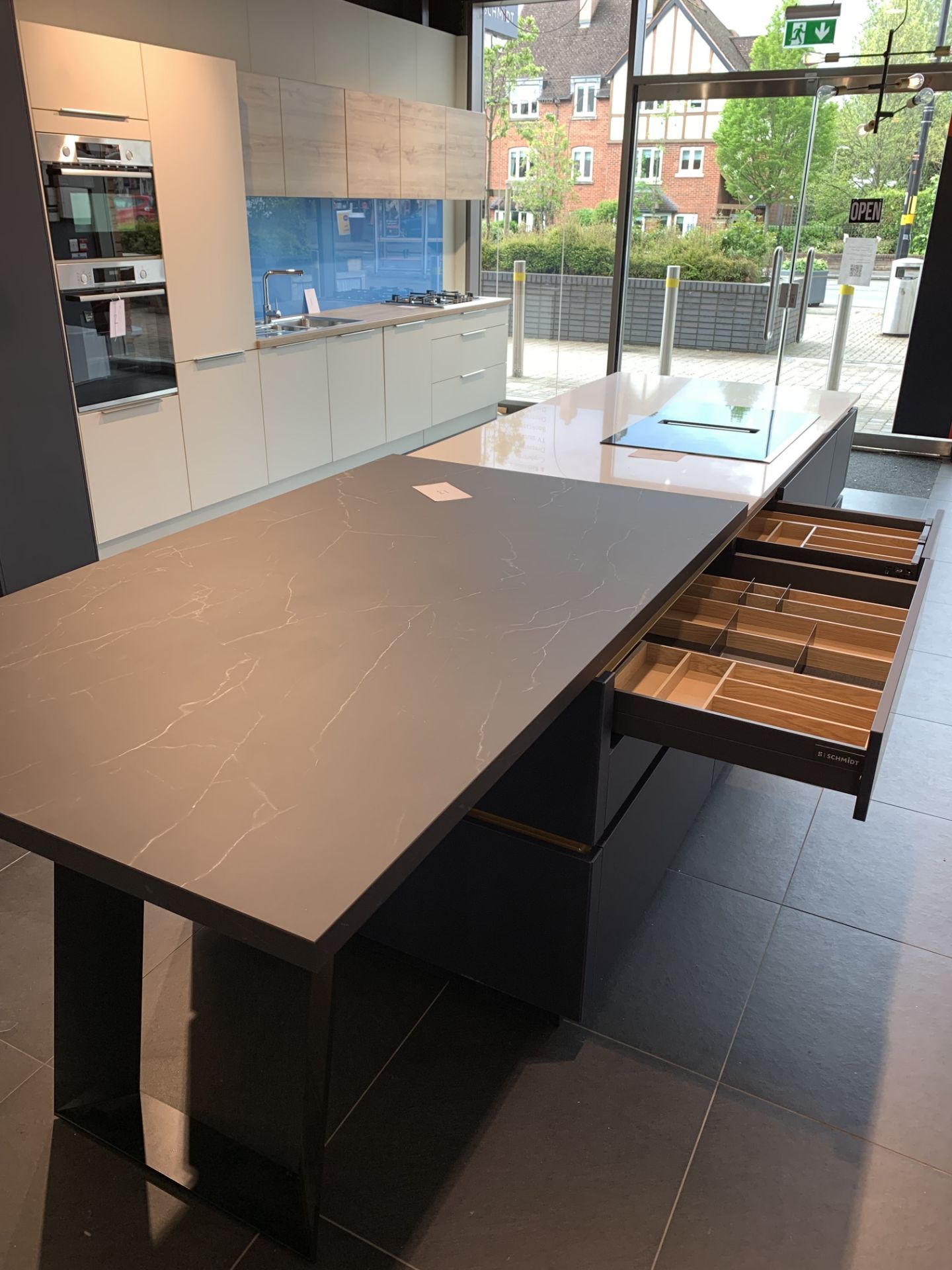 Complete Fitted Kitchen in white & blue with immitation marble finish counter tops - Image 4 of 4