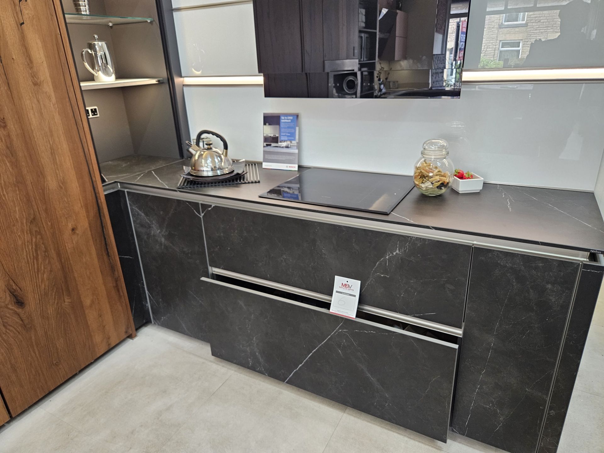 Display kitchen comprising black marble effect base unit cupboards and drawers - Image 5 of 9