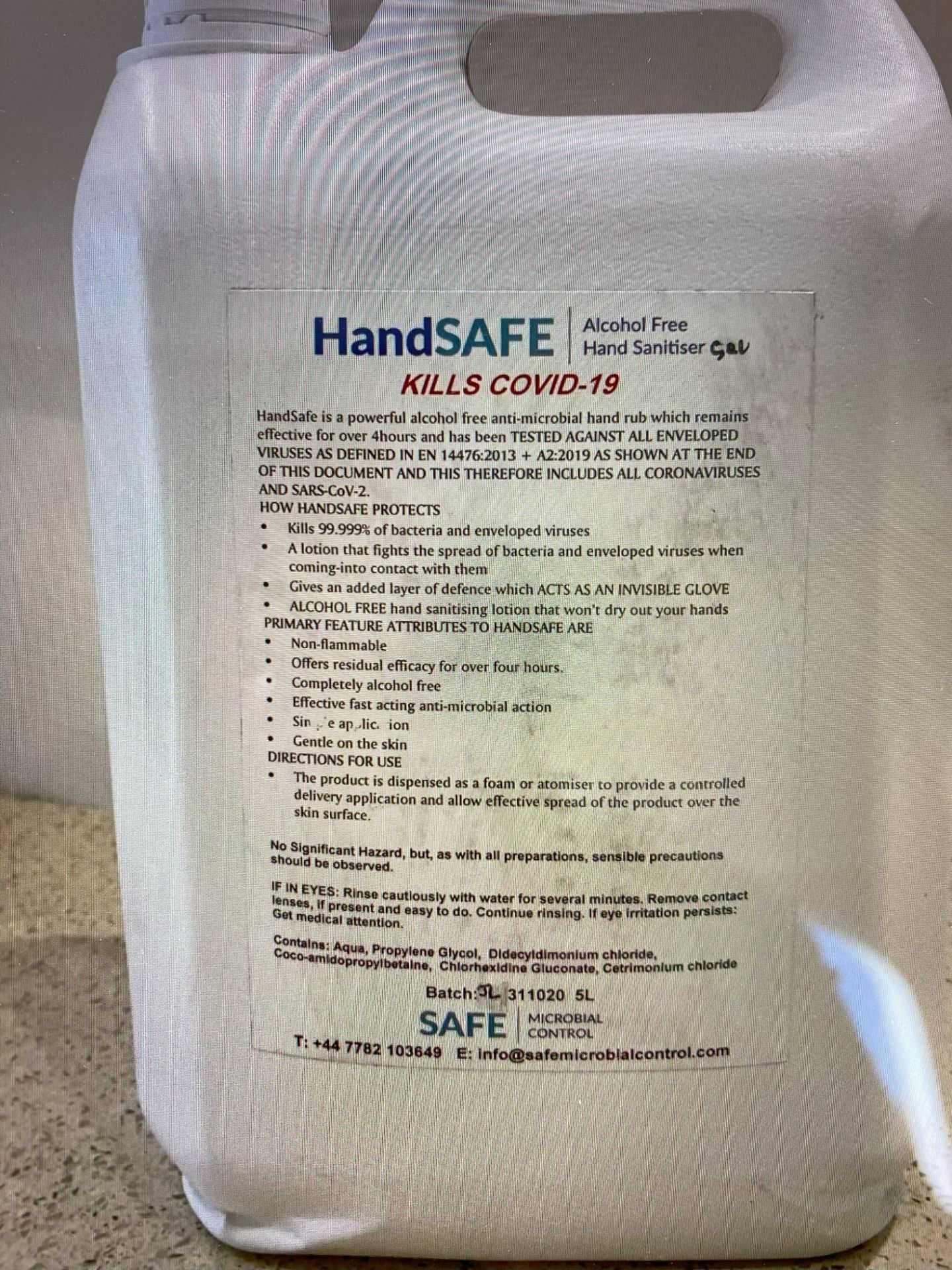 1,100 (approx) x 5 Litre Handsafe Alcohol Free Hand Sanitiser (with Product)