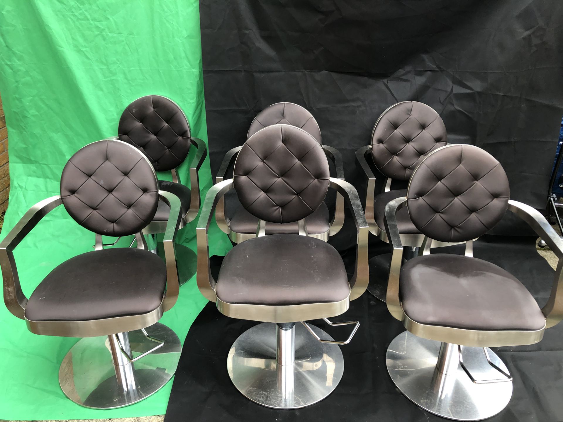 6 x Salon swivel chairs upholstered in dark grey synthetic leather