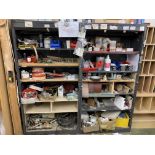 Twin Bay Metal Rack and contents including: sanding belts tooling and fillers etc.