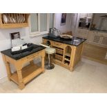 Display kitchen island, table, bench & wall rack in pine with black granite tops