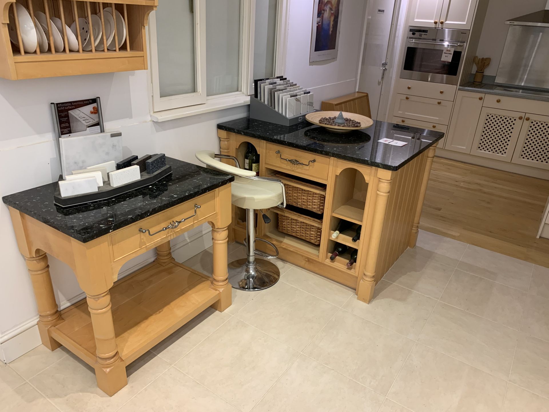 Display kitchen island, table, bench & wall rack in pine with black granite tops