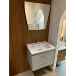 Dsiplay bathroom sink on floating pedestal and mirror
