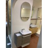 Display cloakroom sink on floating pedestal with mirror