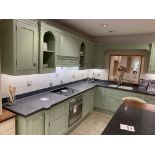 Display L-shaped kitchen in Olive Green with black/grey Corian worksurface