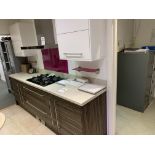 Display kitchen unit with wall cupboards and laminated marble effect work surface