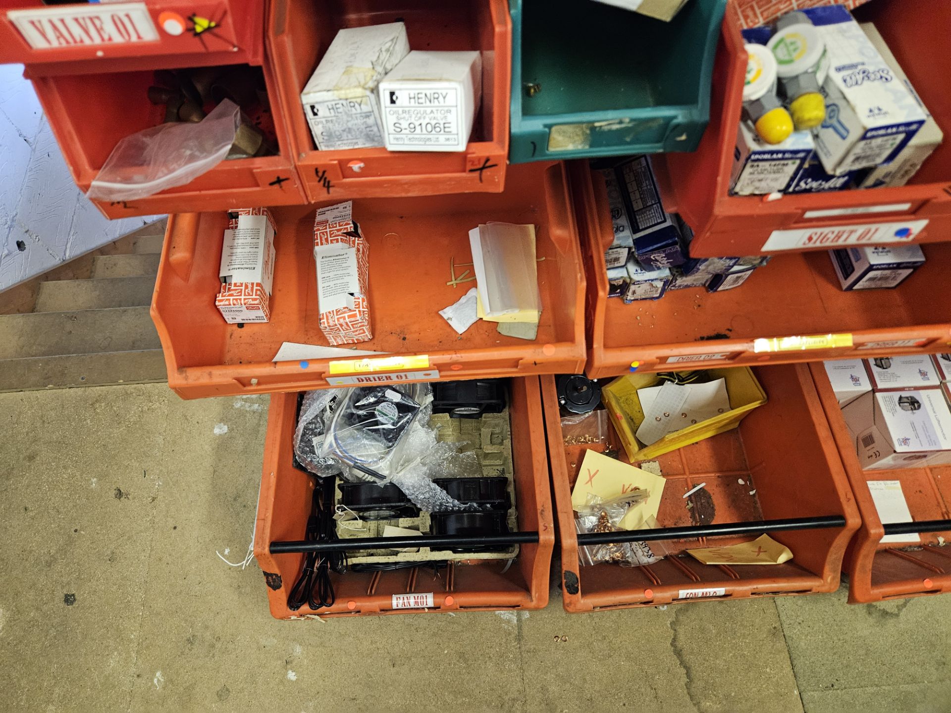 Side wall of Stock Boxes and contents to include Assortment of Nuts, Bolts Evals Solen Valves Fan mo - Image 2 of 6