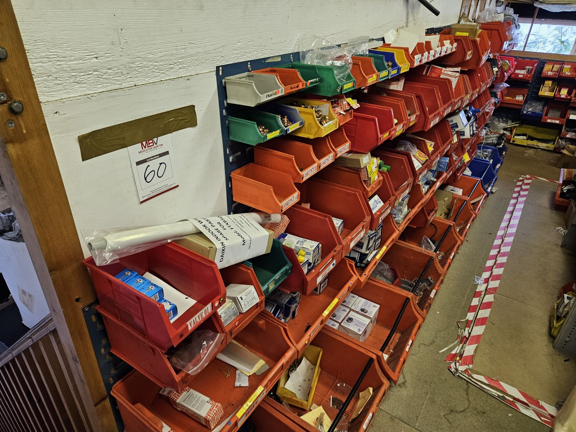 Side wall of Stock Boxes and contents to include Assortment of Nuts, Bolts Evals Solen Valves Fan mo