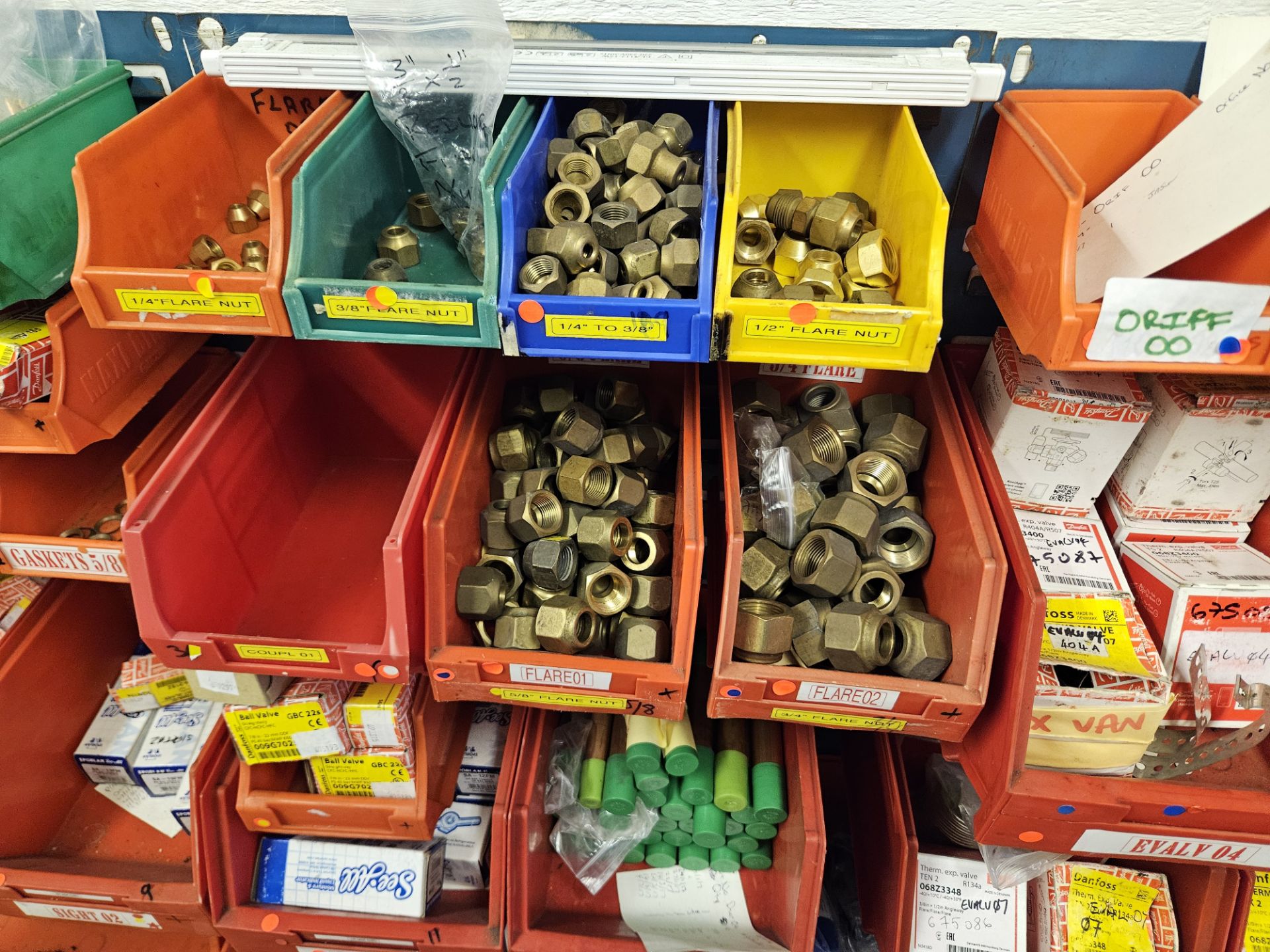 Side wall of Stock Boxes and contents to include Assortment of Nuts, Bolts Evals Solen Valves Fan mo - Image 3 of 6