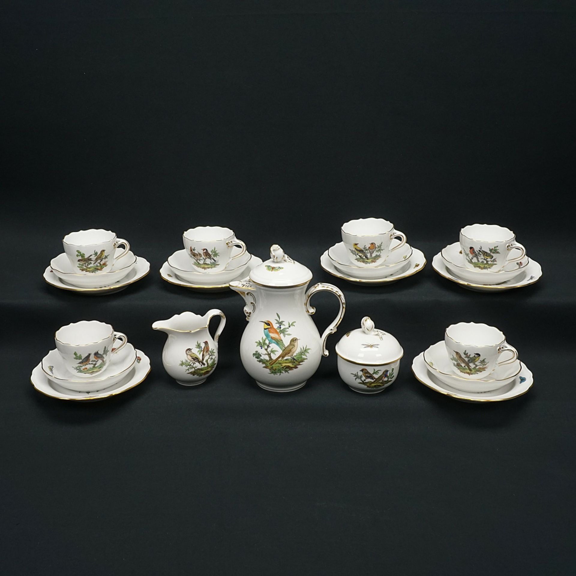 Meissen mocha service for six people with bird painting  