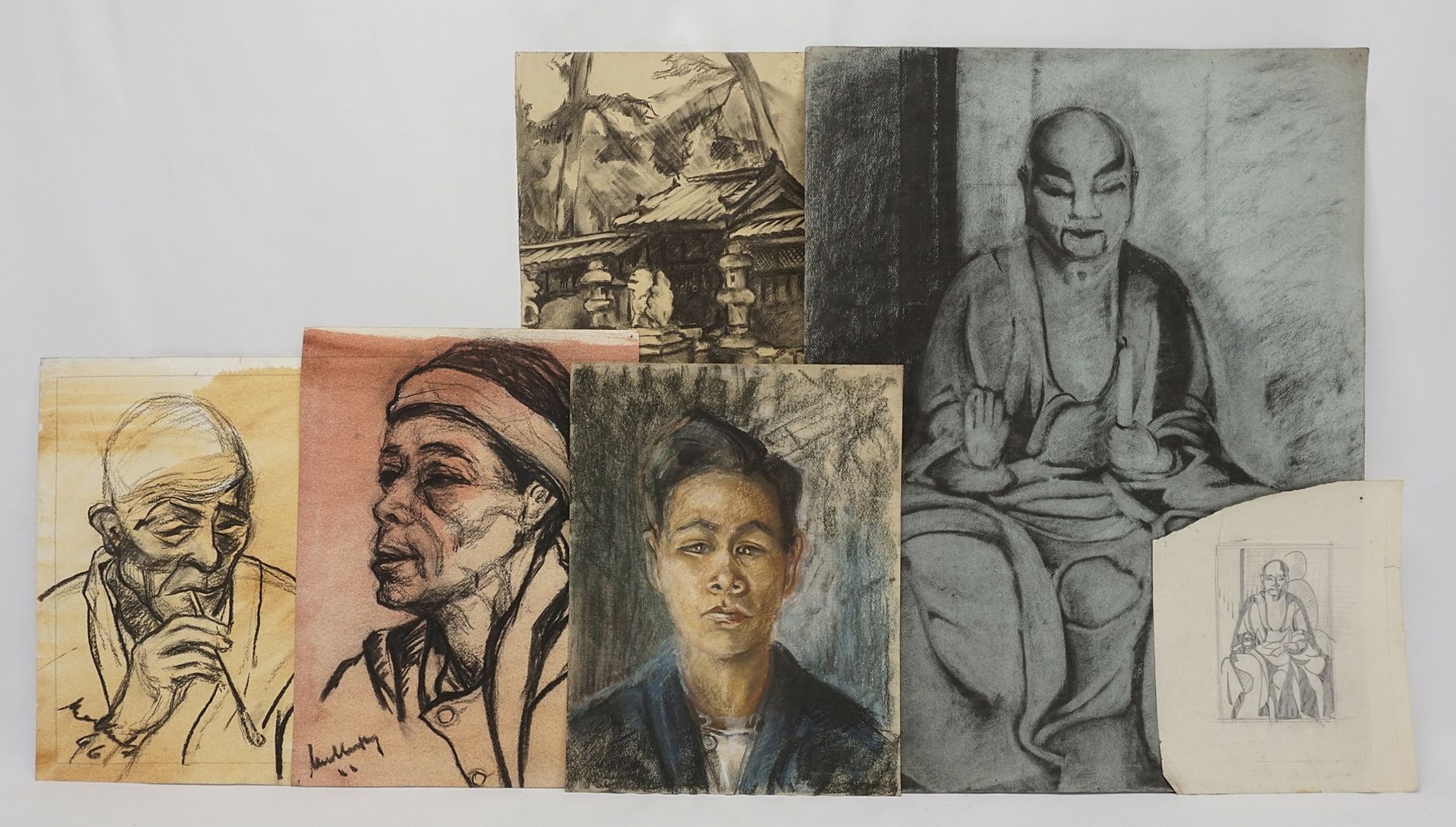 Five charcoal drawings and one preliminary drawing