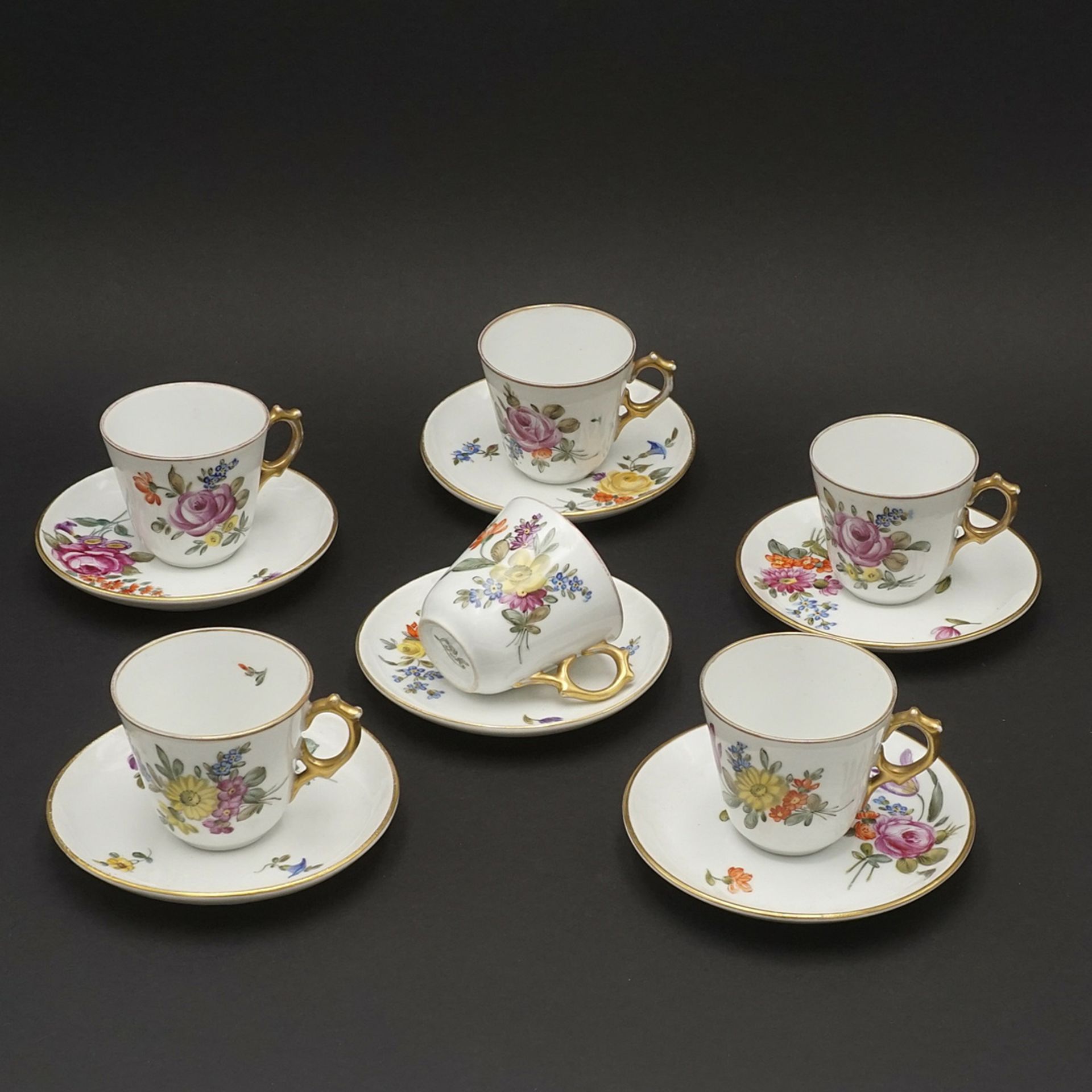 Six Ludwigsburg porcelain mocha cups and saucers