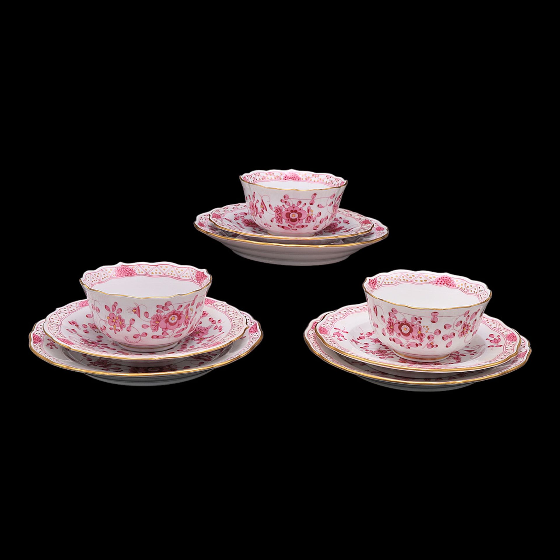 Three Meissen tea sets with Indian painting, 20th century