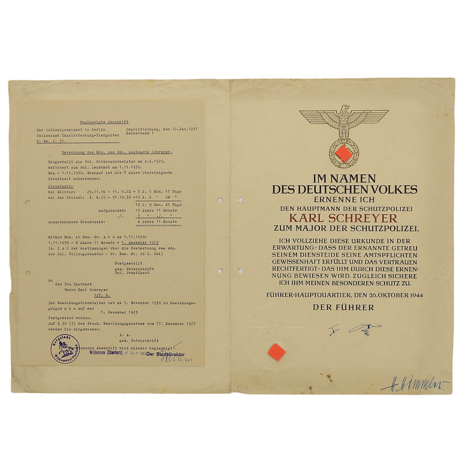 Ernennungsurkunde Major Unterschrift Hitler / Himmler, Deutsches Reich,  1944