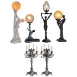 2 Art-Nouveau-Style Candle Holders and 4 Table Lamps, c. 1990