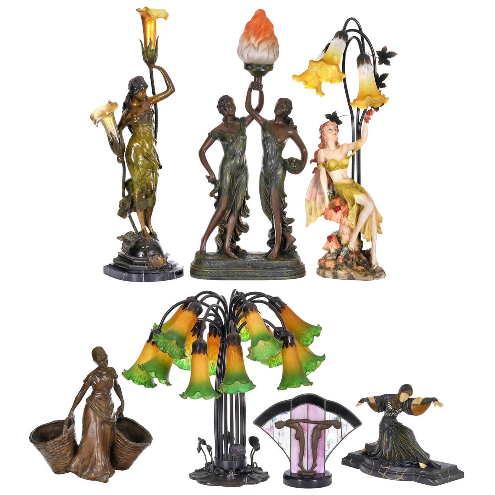 5 Art-Nouveau-Style Table Lamps and a Bronze Figure, c. 1980