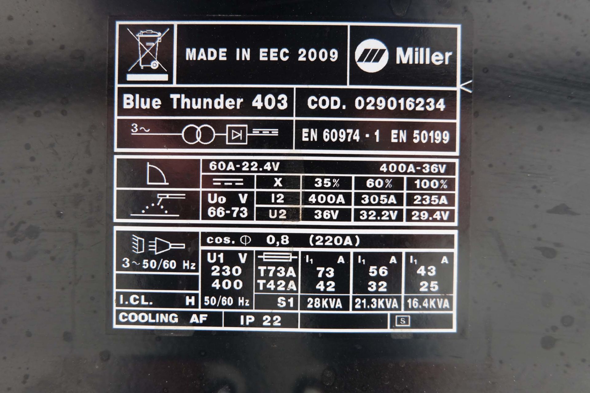 Miller Blue Thunder 403 DC-CC Welding Power Source On Wheels With Torch. - Image 6 of 6