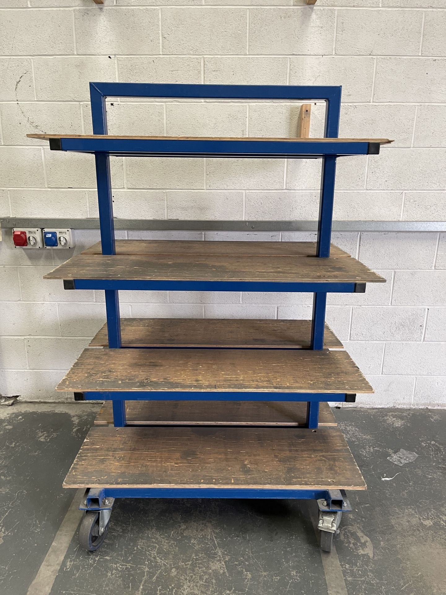 Heavy Duty Mobile Work Trolley. Steel Tube Construction With Wooden Shelving.
