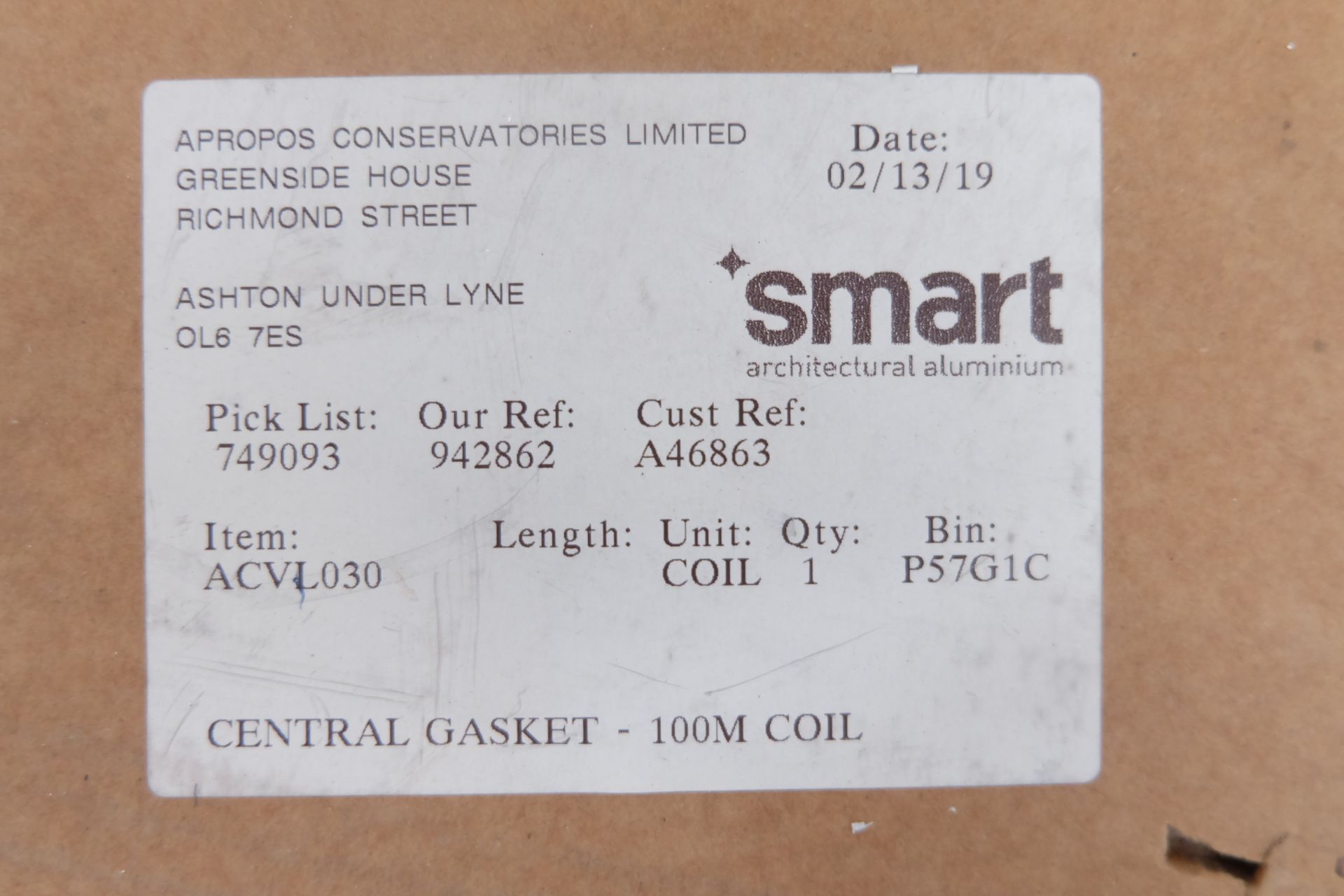 Smart Architectural Aluminium Ltd. Central Gasket Item No. ACVL 030. 10 x Coils of 100 Mtrs. - Image 3 of 4