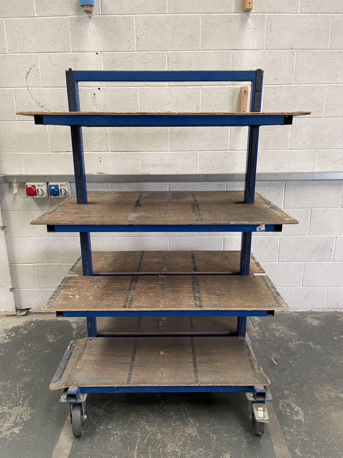 Heavy Duty Mobile Work Trolley. Steel Tube Construction With Wooden Shelving.