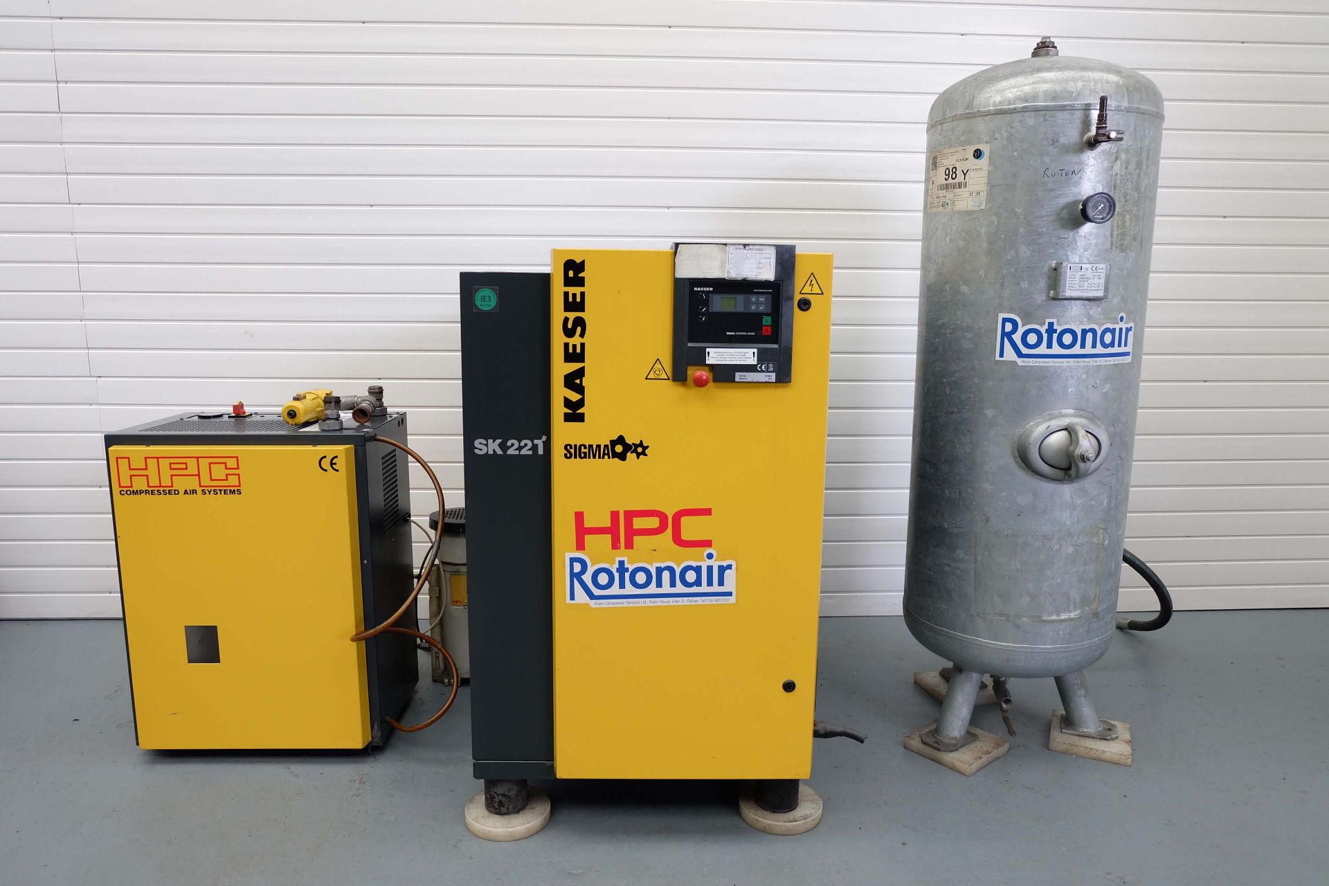 HPC Kaeser Model SK22T Rotary Air Compressor With Air Dryer Model TA8 and 350 Ltr Air Reciever Rated