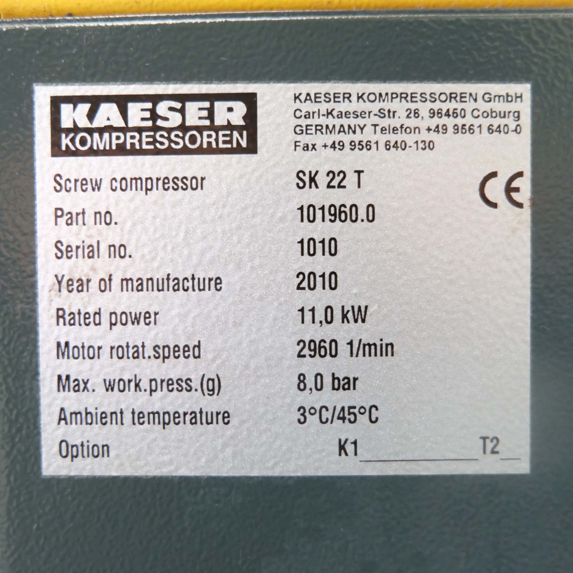 HPC Kaeser Model SK22T Rotary Air Compressor With Air Dryer Model TA8 and 350 Ltr Air Reciever Rated - Image 6 of 15