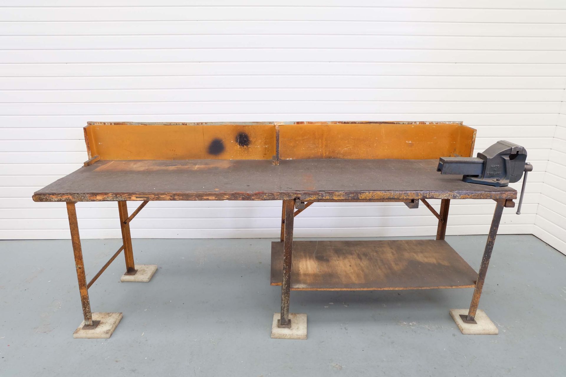 2" Thick Timber Bench on Steel Stand. Size: 96" x 27". With Record No.6 Vice.
