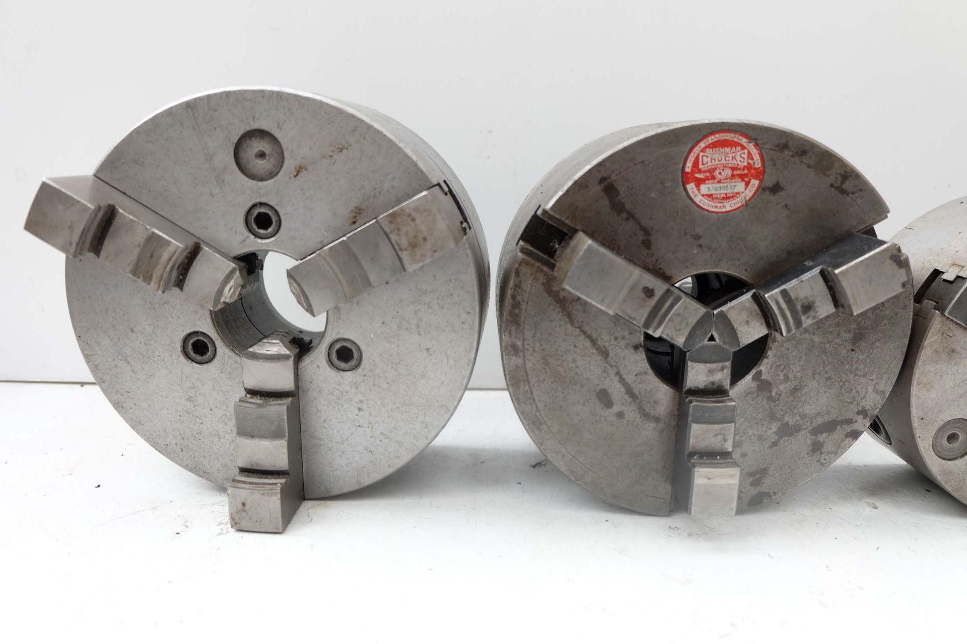 3 x Three Jaw Chucks plus another Without Jaws. 200mm, 160mm, 7 1/2" & 5 1/2" Diameters. - Image 2 of 6