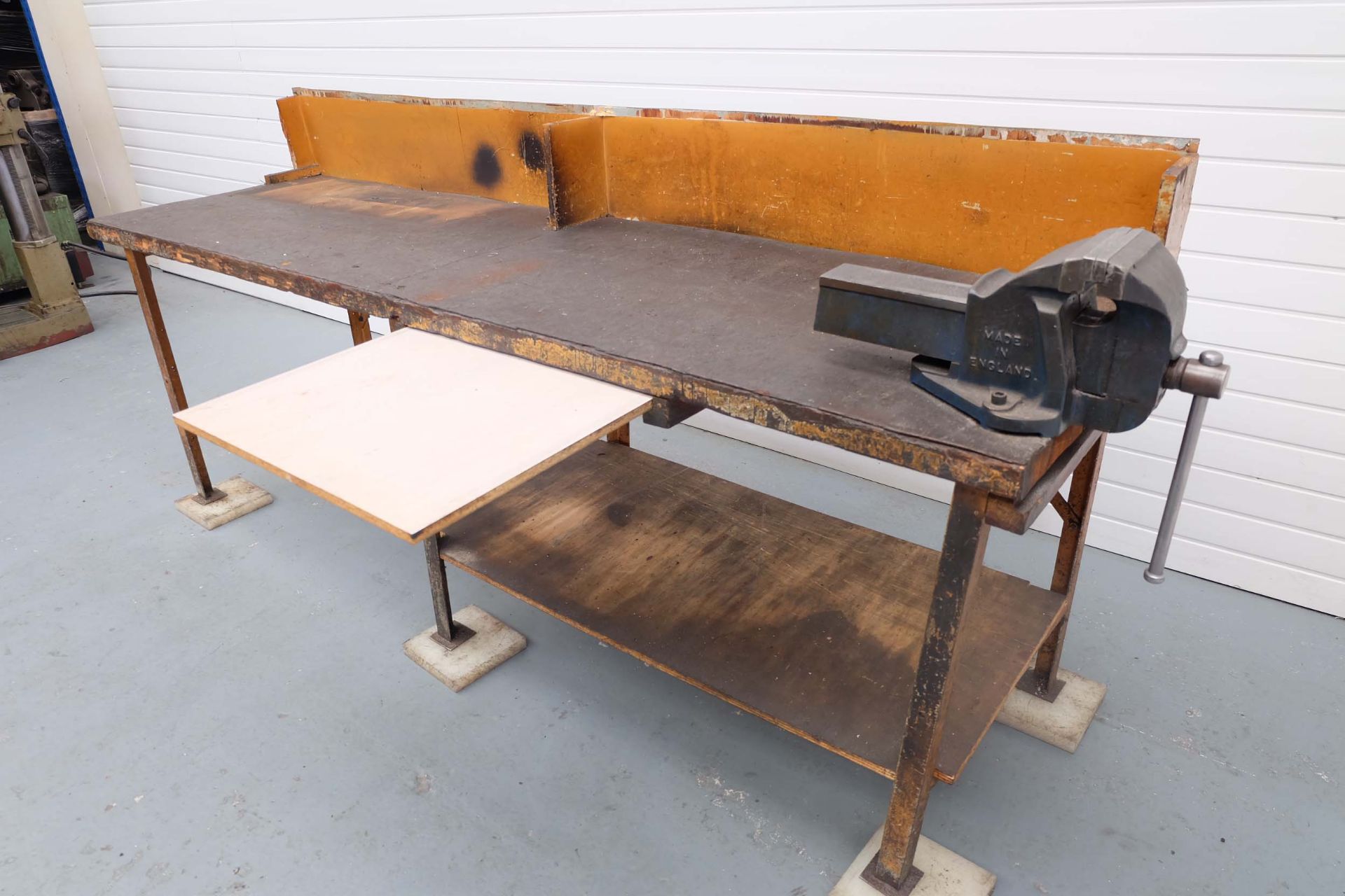 2" Thick Timber Bench on Steel Stand. Size: 96" x 27". With Record No.6 Vice. - Image 2 of 5