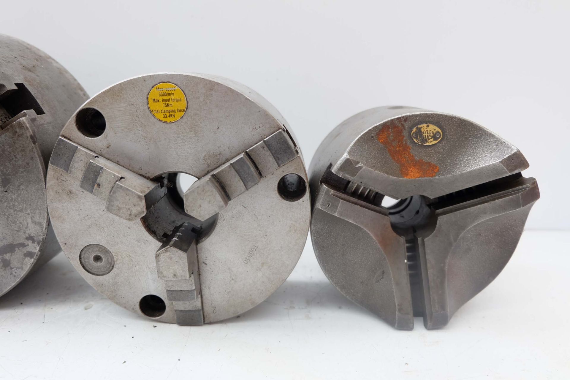 3 x Three Jaw Chucks plus another Without Jaws. 200mm, 160mm, 7 1/2" & 5 1/2" Diameters. - Image 3 of 6