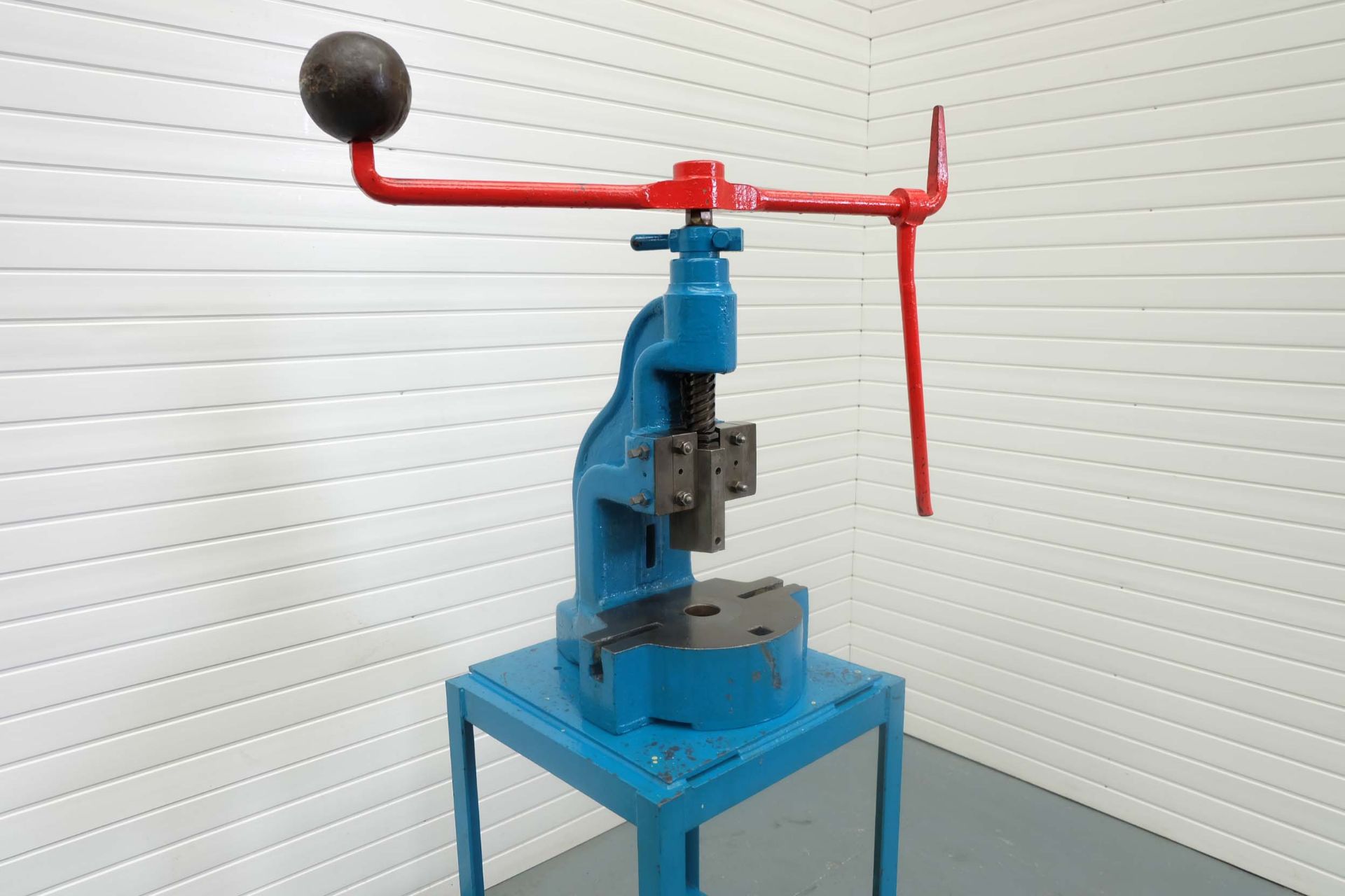 Sweeney & Blocksidge 5S Flypress on Steel Stand. Stroke 4". Throat Depth 5 1/2". Daylight 7 1/2".