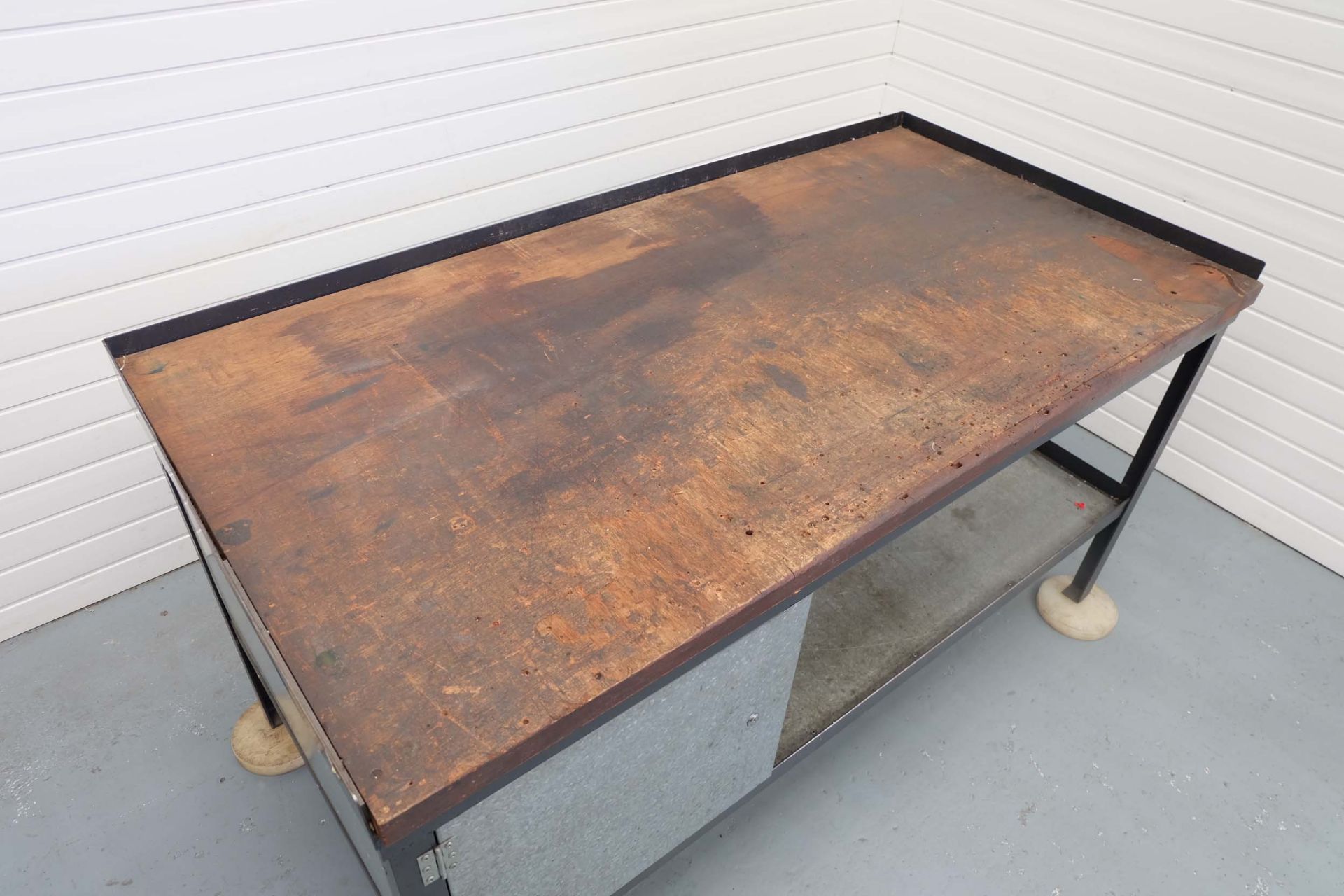 Heavy Duty Steel Frame Workbench With 45mm Timber Top. Size: 1800mm x 915mm. With Steel Cupboard. - Image 3 of 5
