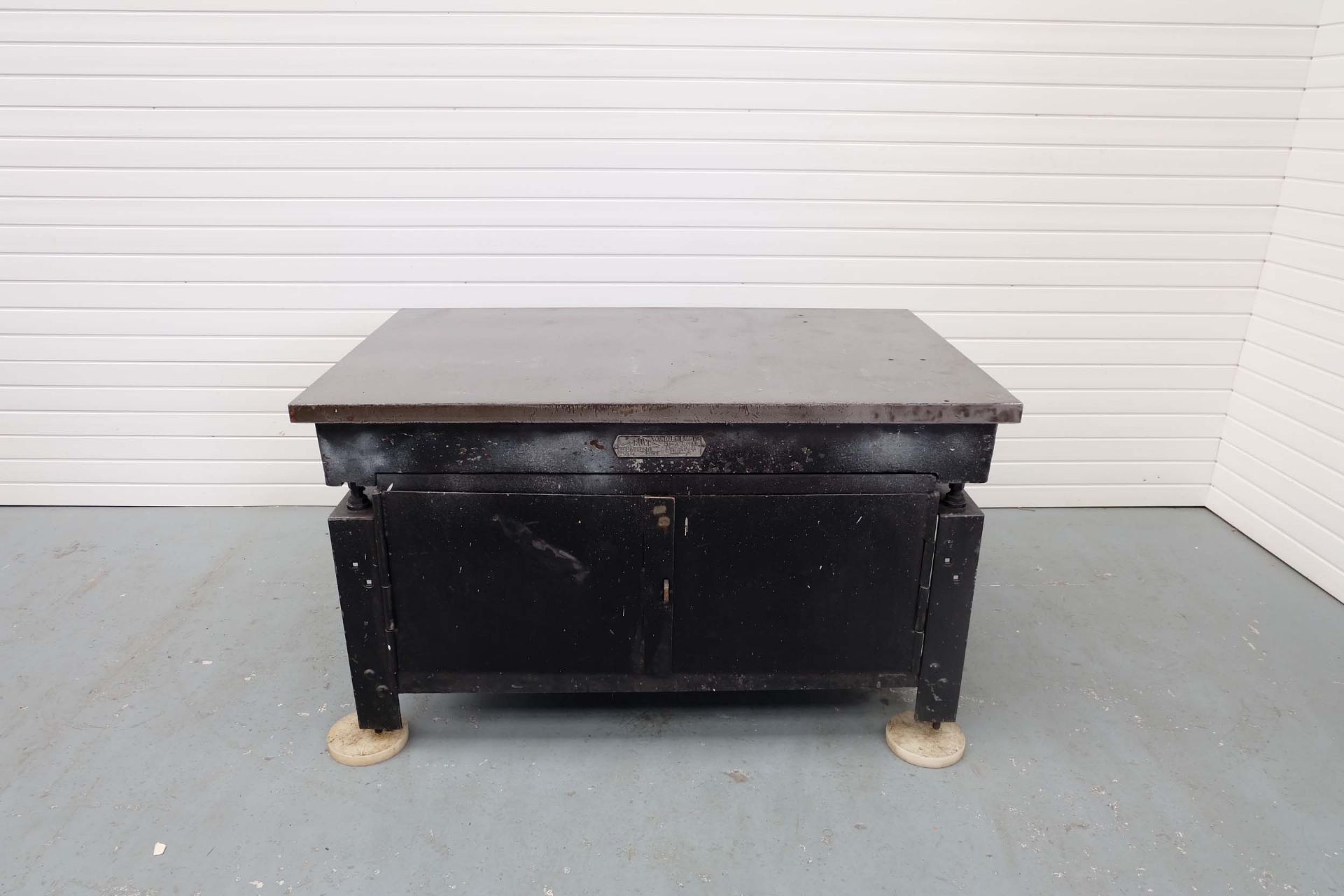 Crown Windley Cast Iron Surface Table On Levelling Stand With Steel Cabinet. Size 5' x 3'. Height: 3