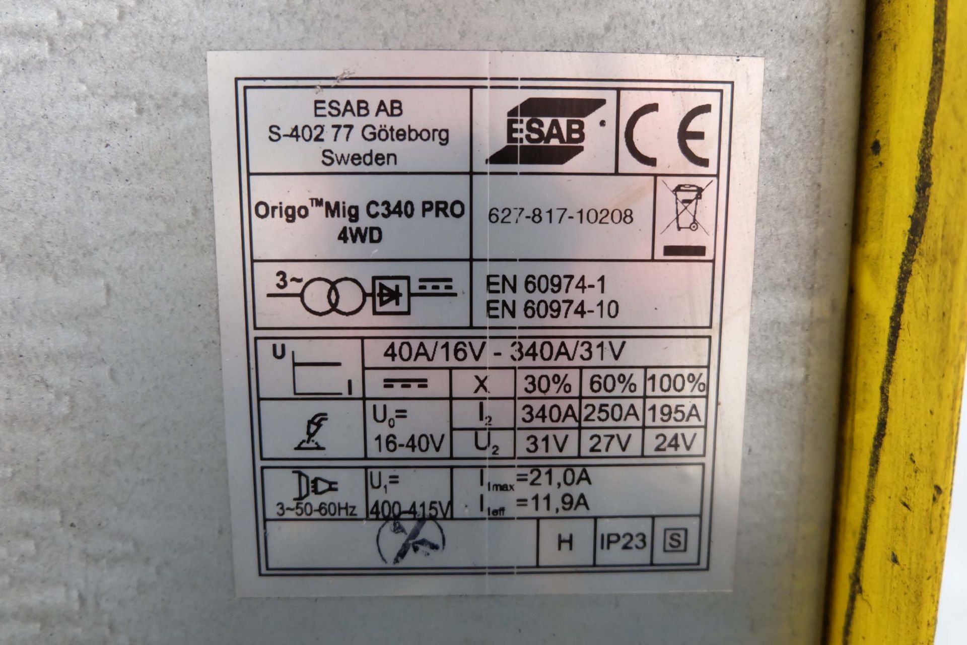 Esab Origo Mig C34O PRO 4WD Mig Welding Set. Welding Current Range: 40 - 340 Amps. Cycle Duty @ 100% - Image 9 of 10