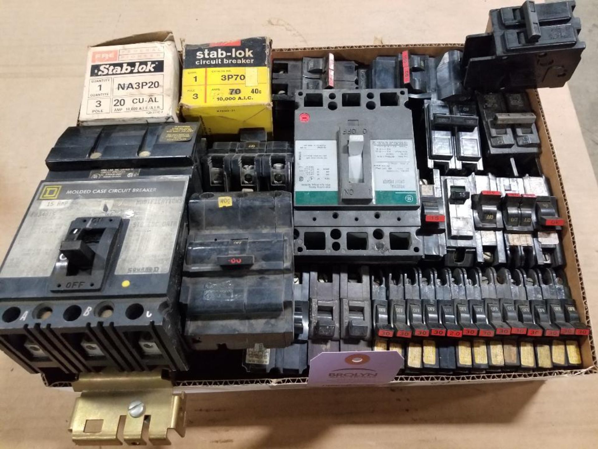 Assorted electrical breakers. Square-D, GE, Stab-lok.