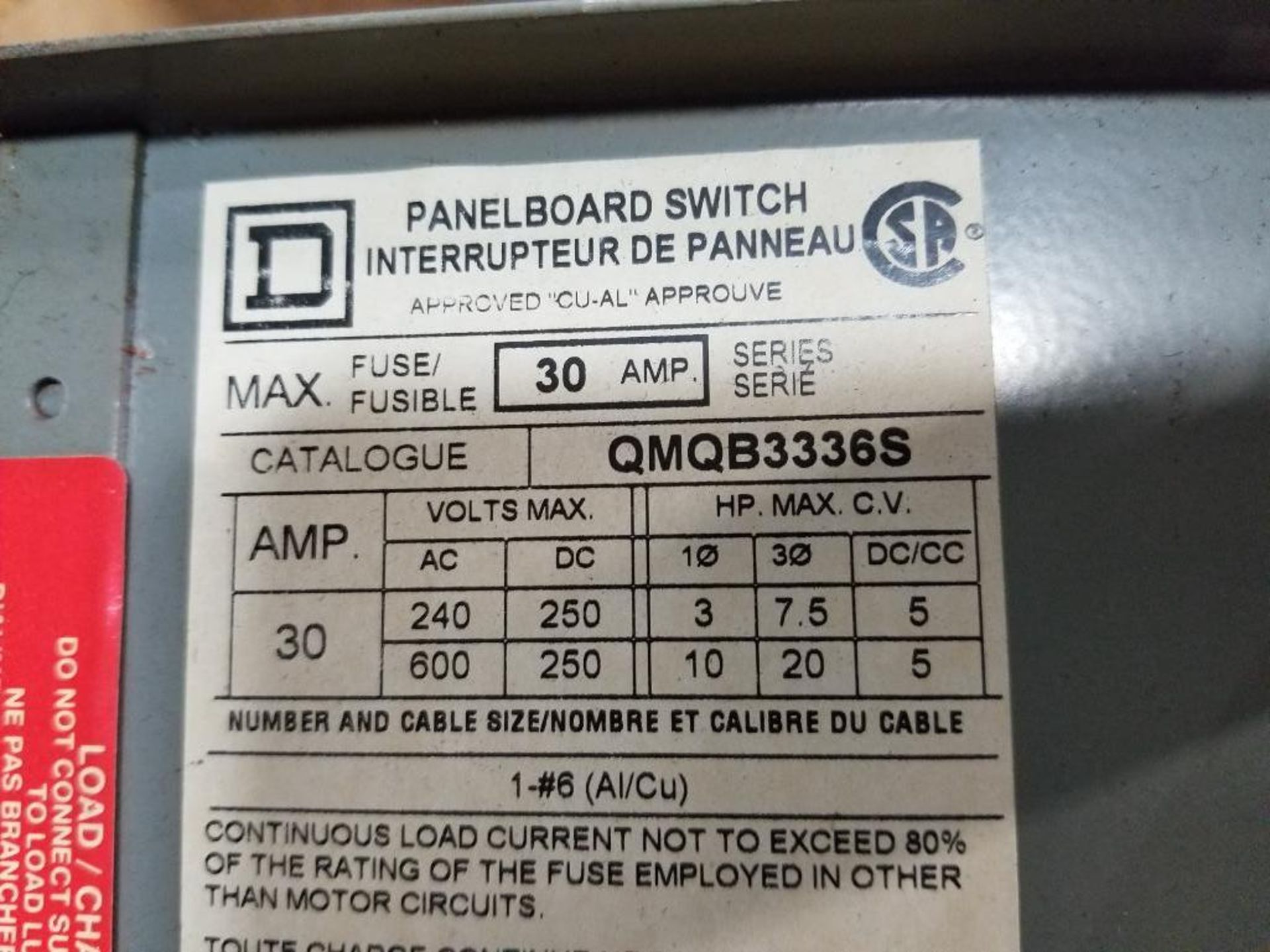 Square-D panelboard switch. QMQB3336S 30AMP fusible. - Image 5 of 7