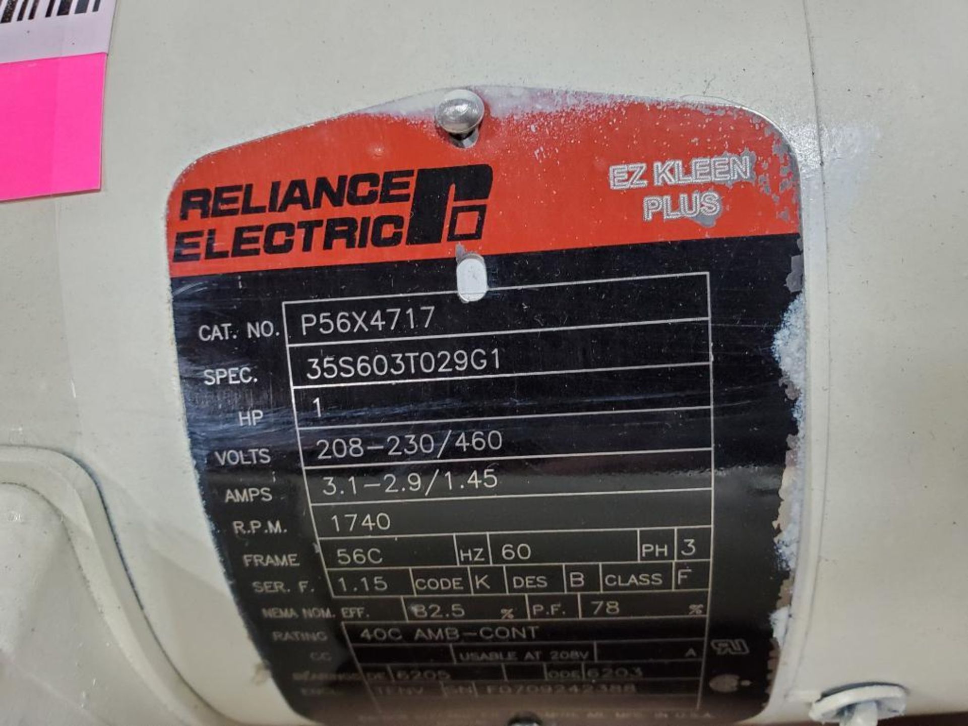 1HP Reliance Electric EZ KLEEN PLUS P56X4717 motor. 3PH, 208-230/460V, 1740RPM, 56C-Frame. Tigear. - Image 2 of 9