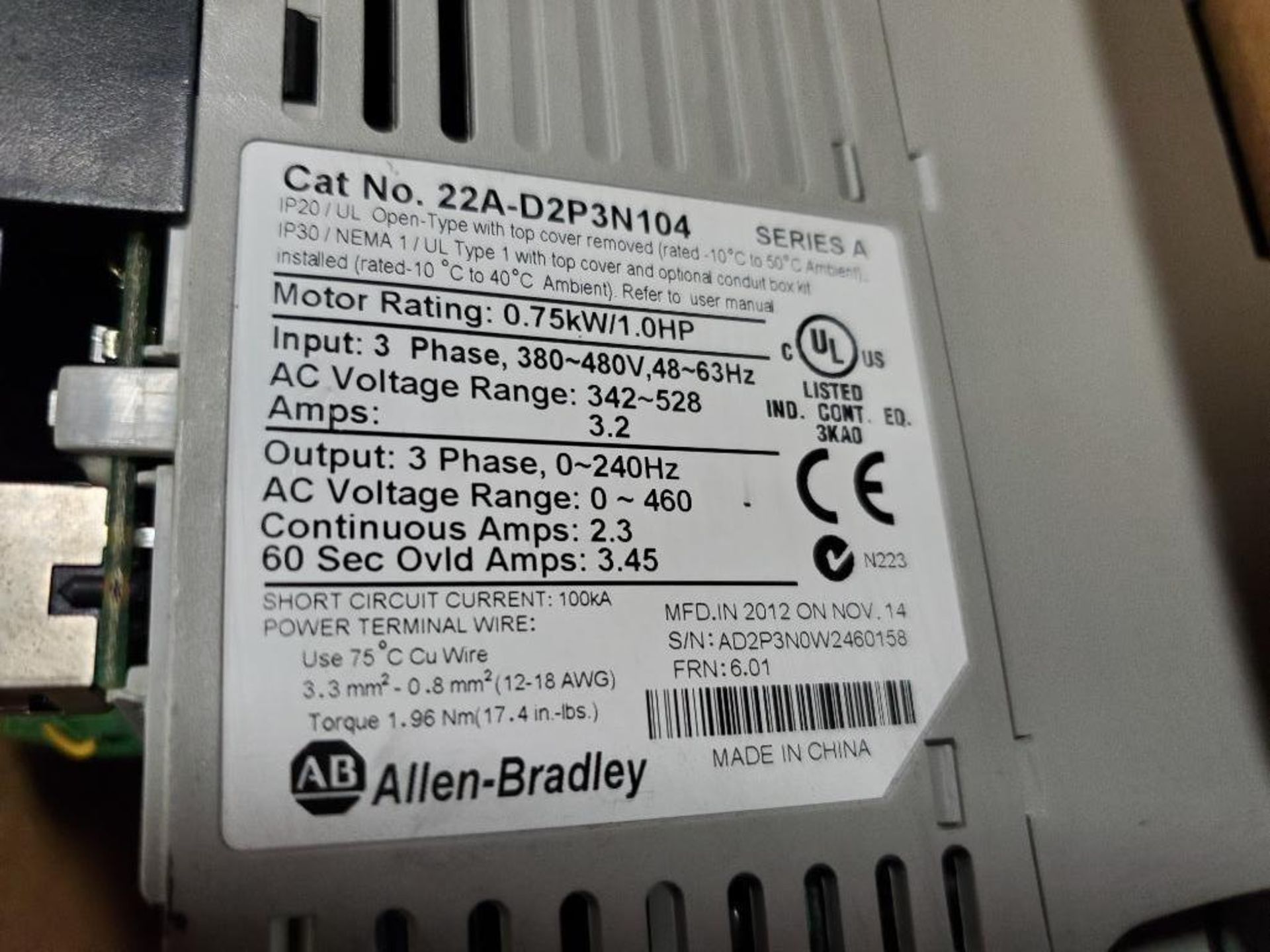 Allen Bradley Power Flex adjustable frequency AC drive. 22A-D2P3N104. 1HP. - Image 3 of 5