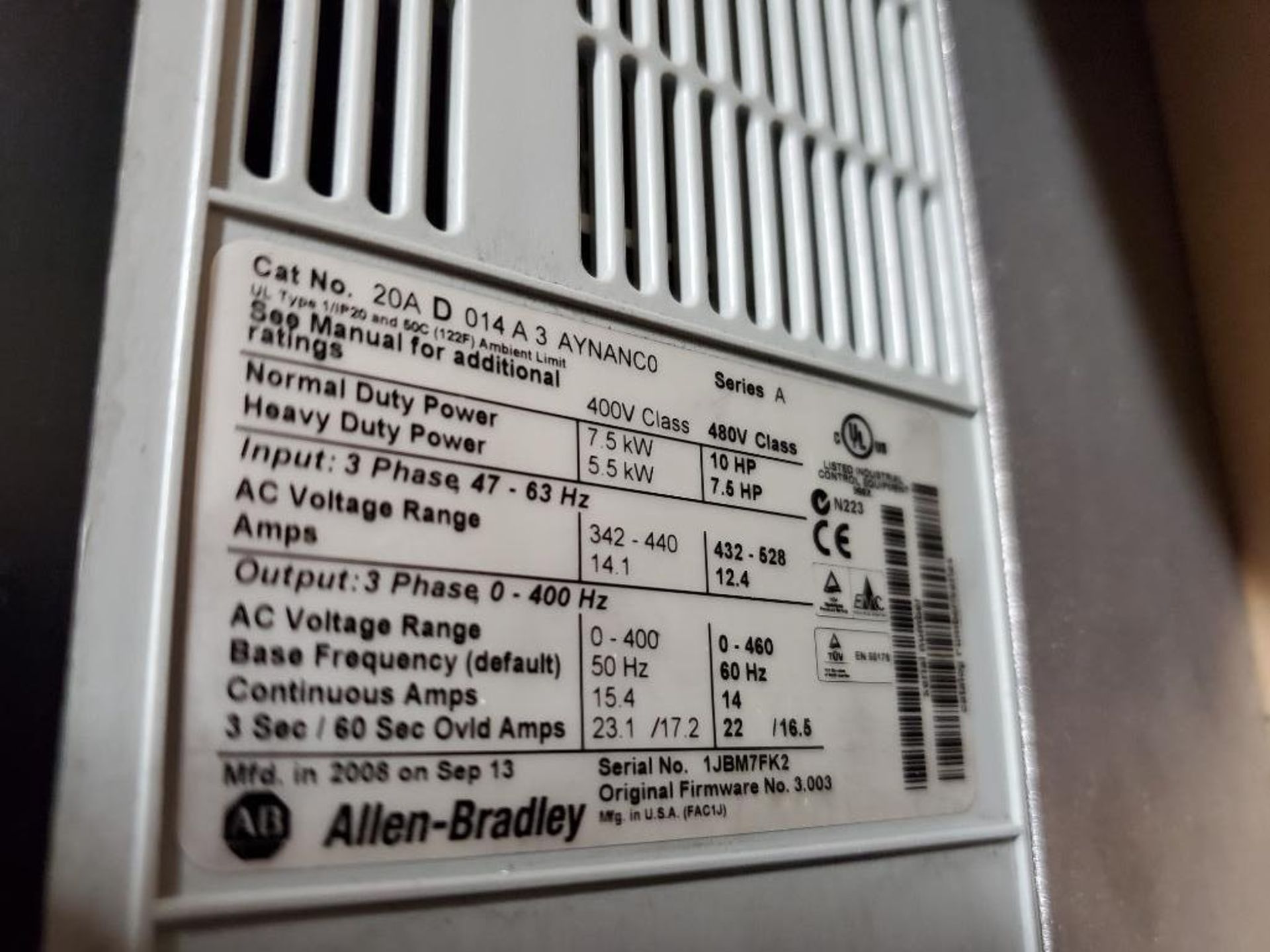 Allen Bradley Power Flex 70 adjustable frequency AC drive. 20A-D-014-A-3-AYNANC0. 10HP. - Image 6 of 7